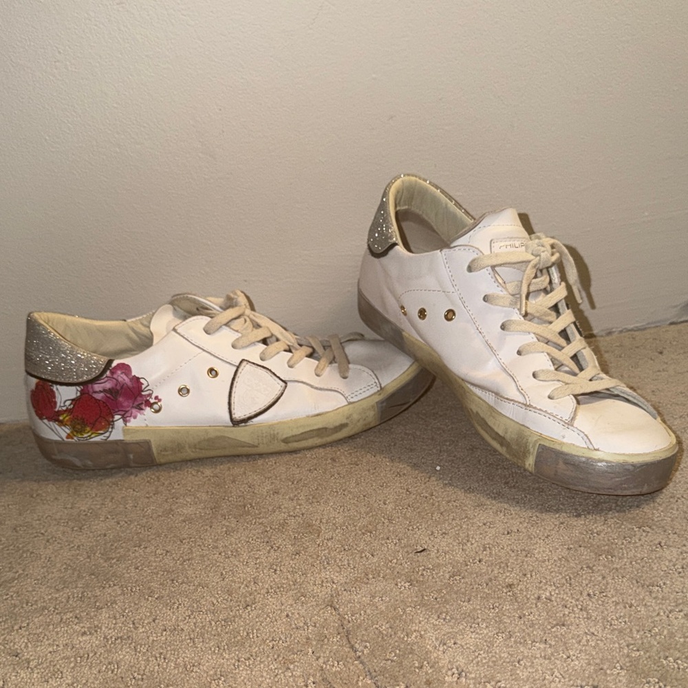 Philippe Model White Leather Sneakers with Pink Floral and Silver Heel